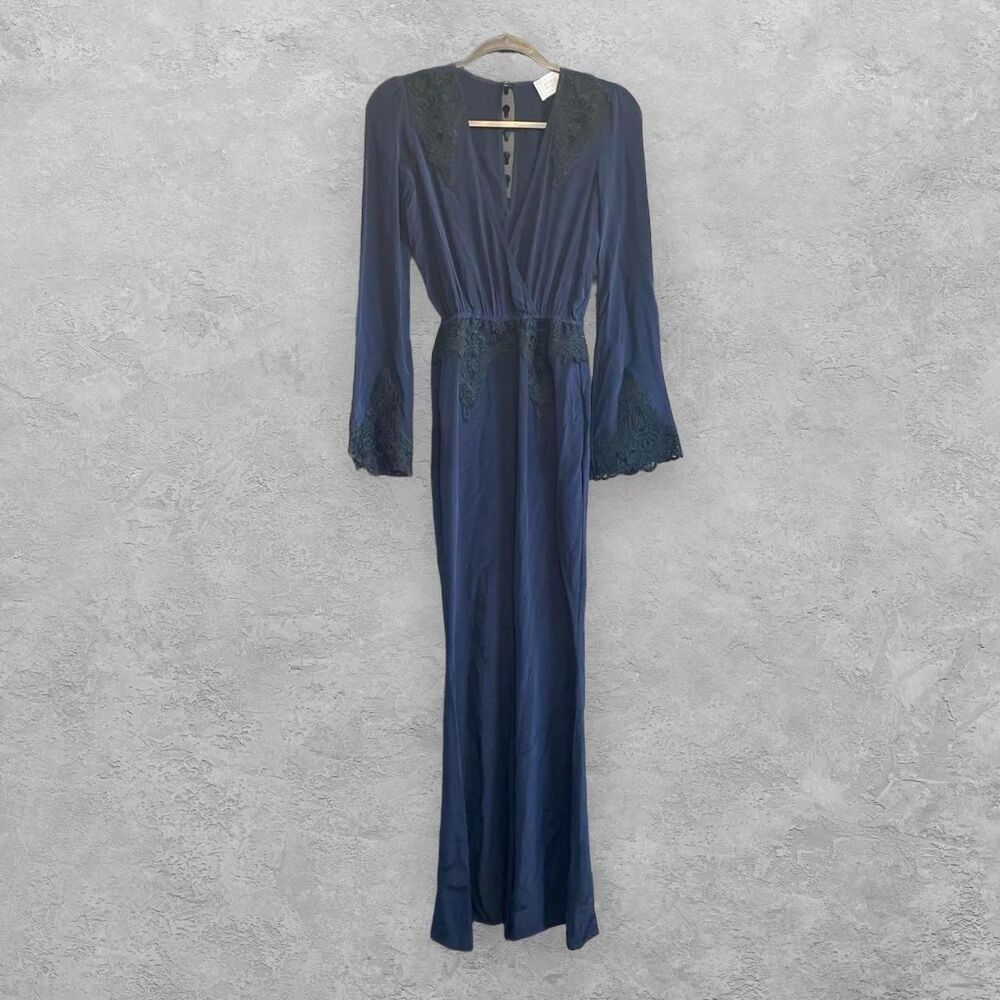 Stone Cold Fox 100% Silk Lace Trim Maxi Dress Navy 0 Cottagecore Boho